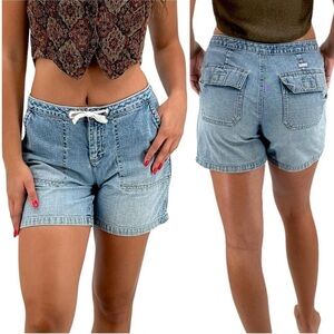 Vintage 90s Jean Shorts Old Navy Drawstring Waist Patch Pocket Light Wash | Sz 4